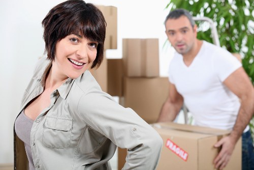 Packed boxes and furniture ready for removals in Harlington