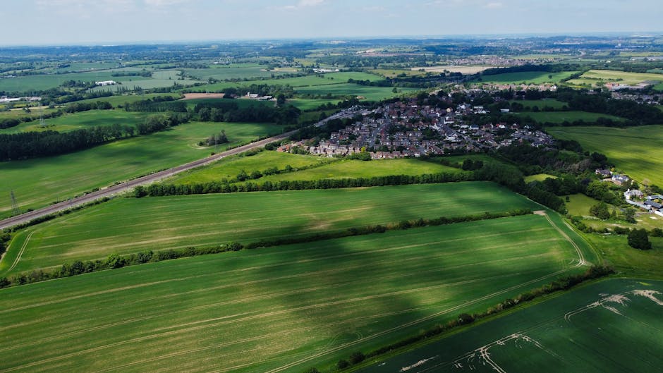 An aerial view of a rural landscape showing expansive green fields separated by hedgerows and narrow paths, with a small residential area consisting of closely packed houses located on the right side of the image. A main road runs diagonally across the middle of the scene, bordered by trees, and leads towards the distant horizon. The sky is partly cloudy, providing natural lighting that highlights the different shades of green in the fields. The image captures the open countryside typical of the Harlington area, where house removals and relocation services by Man With a Van Harlington may involve navigating through such rural roads. The varied textures and the orderly layout of the farmland emphasize the setting's rural character, making it suitable for describing the logistics involved in furniture transport and home relocation within a scenic environment.